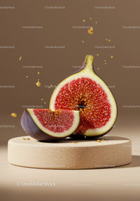 Fresh fig halves on textured beige stand with golden sprinkles
