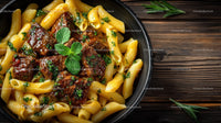 Hearty Beef Stew Pasta with Fresh Herb Garnish on Rustic Plate