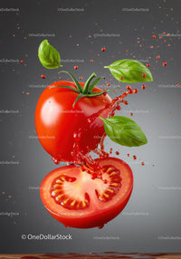 Fresh tomato sliced with basil leaves and juice splash