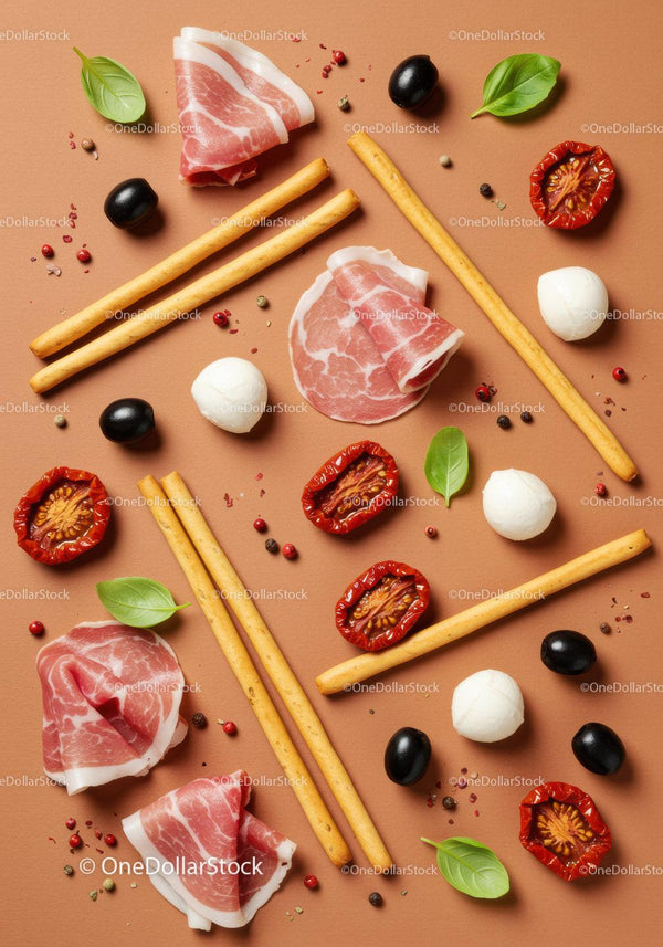 Italian antipasto arrangement with cured meats and snacks