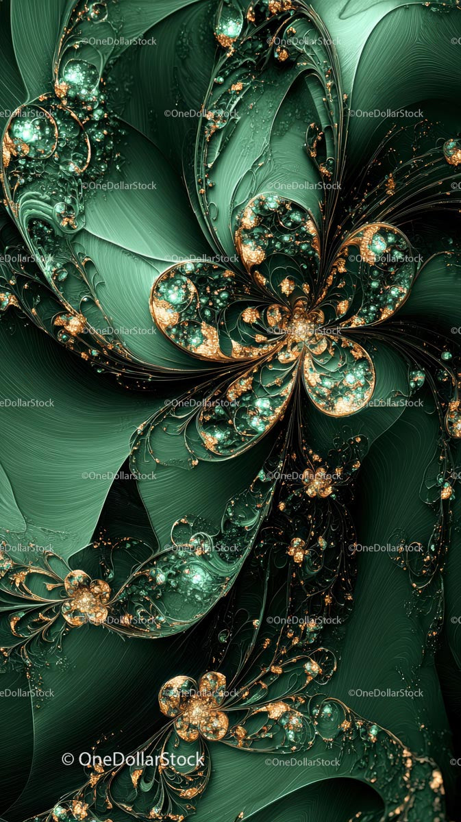 Elegant Green and Gold Fractal Artwork with Luminous Details