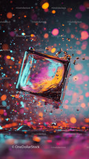 Colorful Splash of Water and Ice Cube in Motion