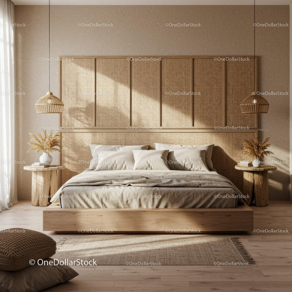 Minimalist natural bedroom with woven textures and soft lighting