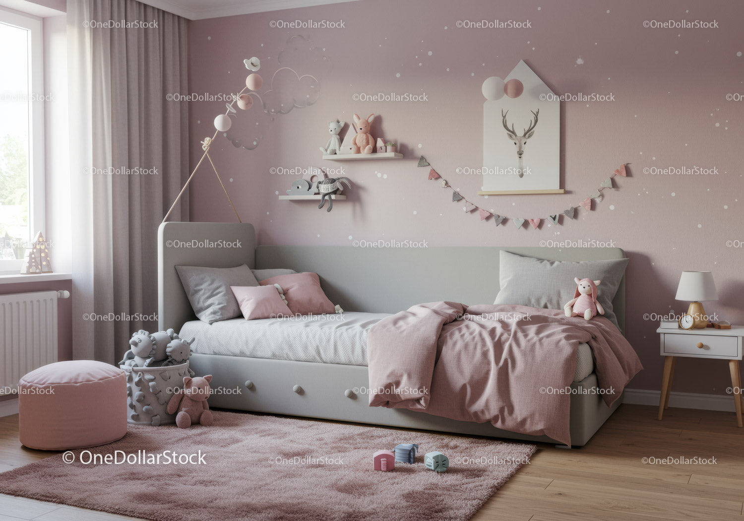 Cozy Children's Bedroom with Pink Wall Decor and Plush Toys
