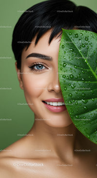 Elegant Female Portrait with Leaf Cover and Water Droplets