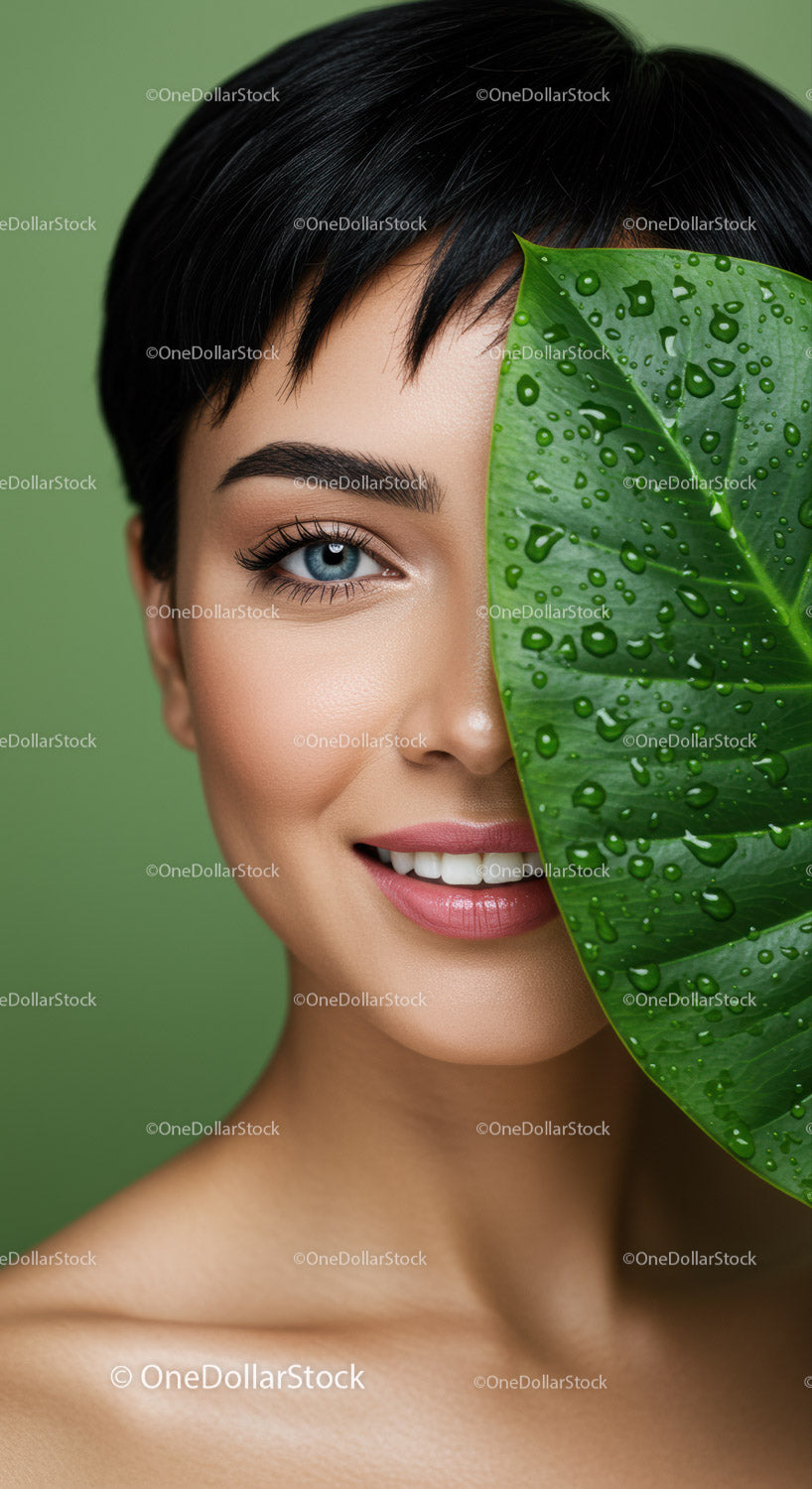 Elegant Female Portrait with Leaf Cover and Water Droplets
