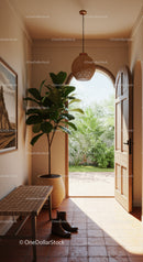 Bright Mediterranean Entryway with Green Plant and Boots