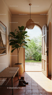 Bright Mediterranean Entryway with Green Plant and Boots