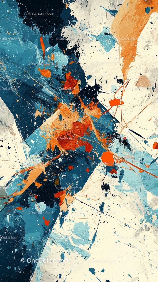 Vibrant Blue and Orange Abstract Splatter Artwork with Dynamic Composition