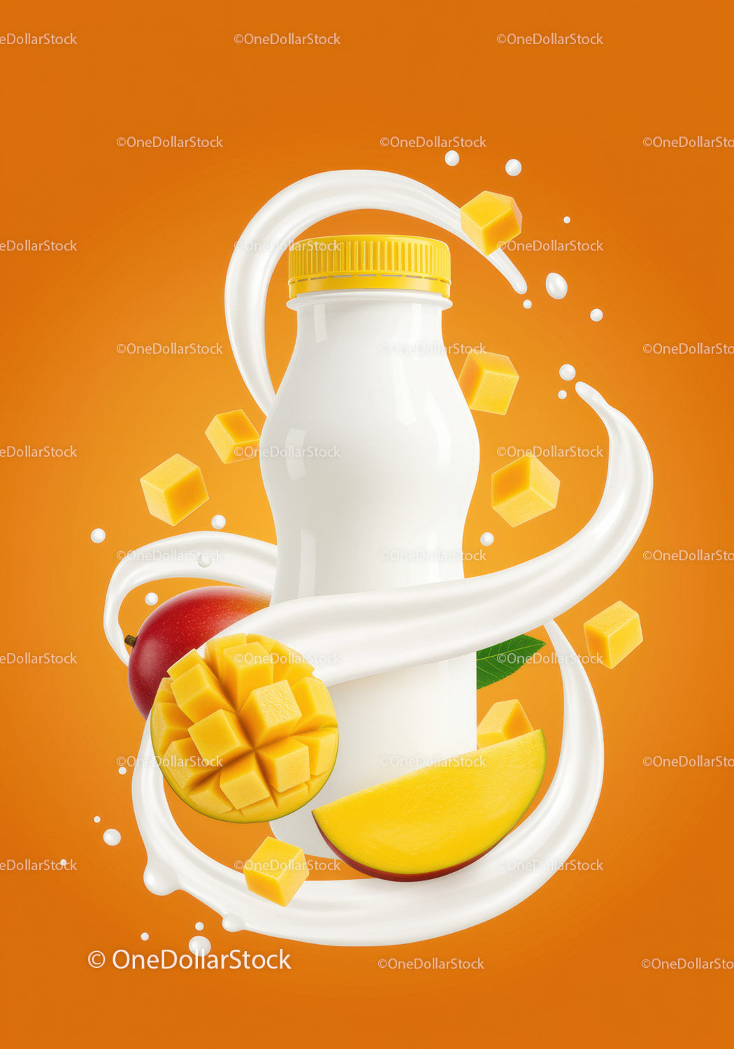 Mango yogurt bottle with fresh fruit and splash