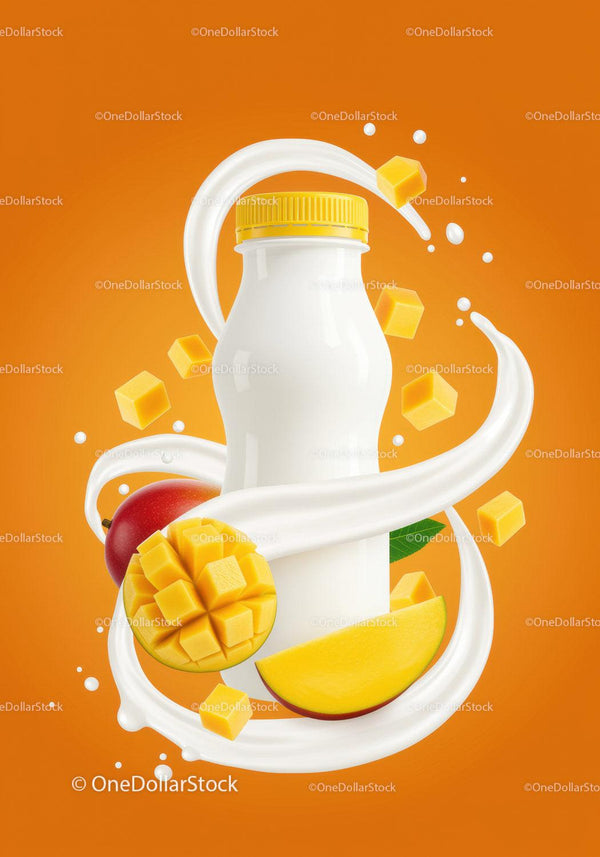 Mango yogurt bottle with fresh fruit and splash JPG Mockup Image