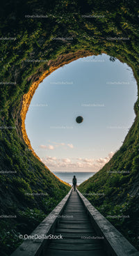 Scenic View of Wooden Pathway Through Verdant Forest Tunnel to Ocean