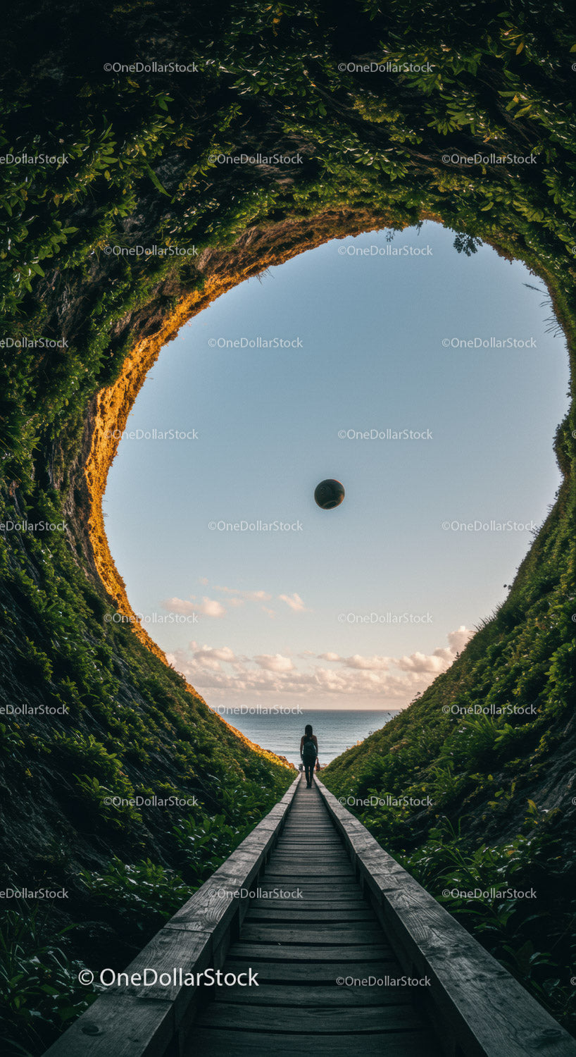 Scenic View of Wooden Pathway Through Verdant Forest Tunnel to Ocean