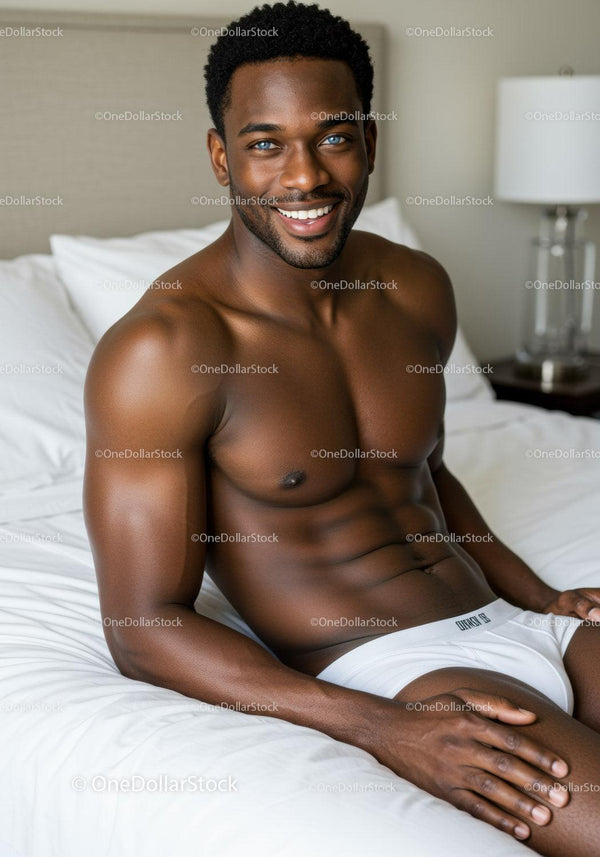 Smiling muscular man relaxing on bed in bright room
