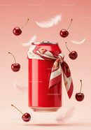 Red Soda Can with Stylish Scarf and Floating Cherries