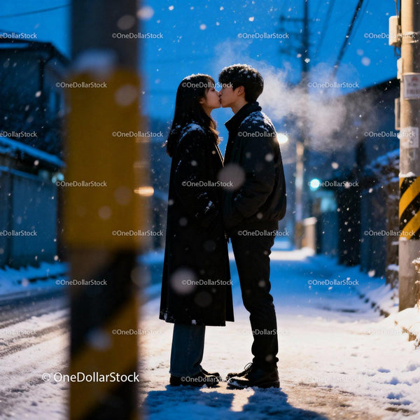 Couple Sharing a Kiss on Snowy Winter Evening