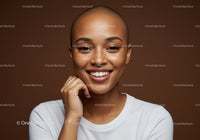 Young Smiling Woman with Freckles and Shaved Head in Studio Portrait
