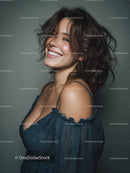 Beautiful Woman Smiling with Wavy Hair in Stylish Outfit