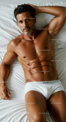 Fit man relaxing on bed in white underwear