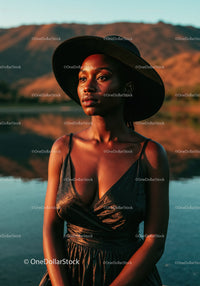 Elegant Portrait of a Woman with Wide-brim Hat in Outdoor Setting