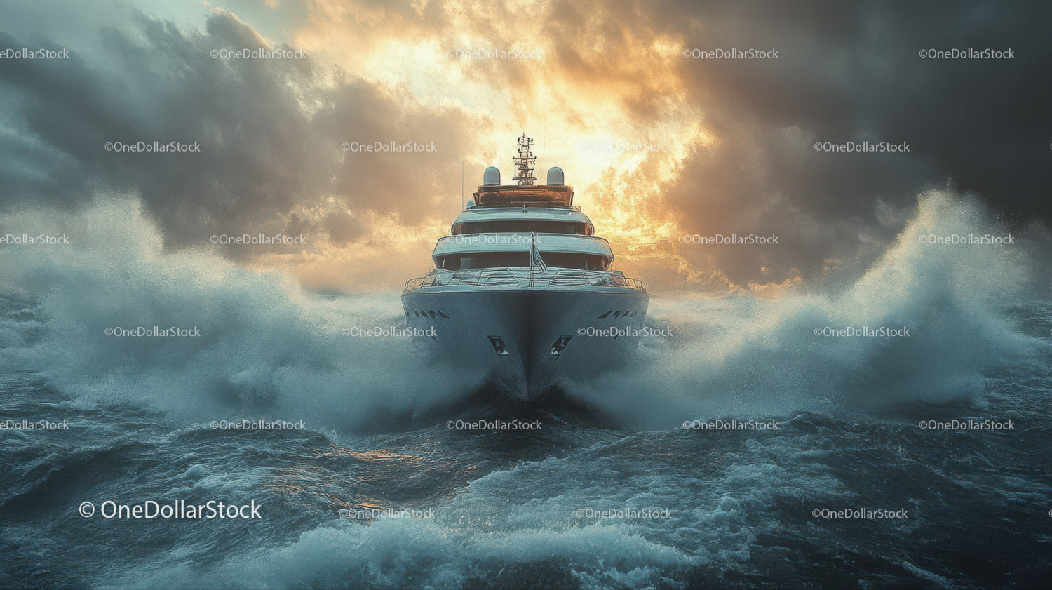 Luxury Yacht Sailing Through Ocean Waves at Sunset