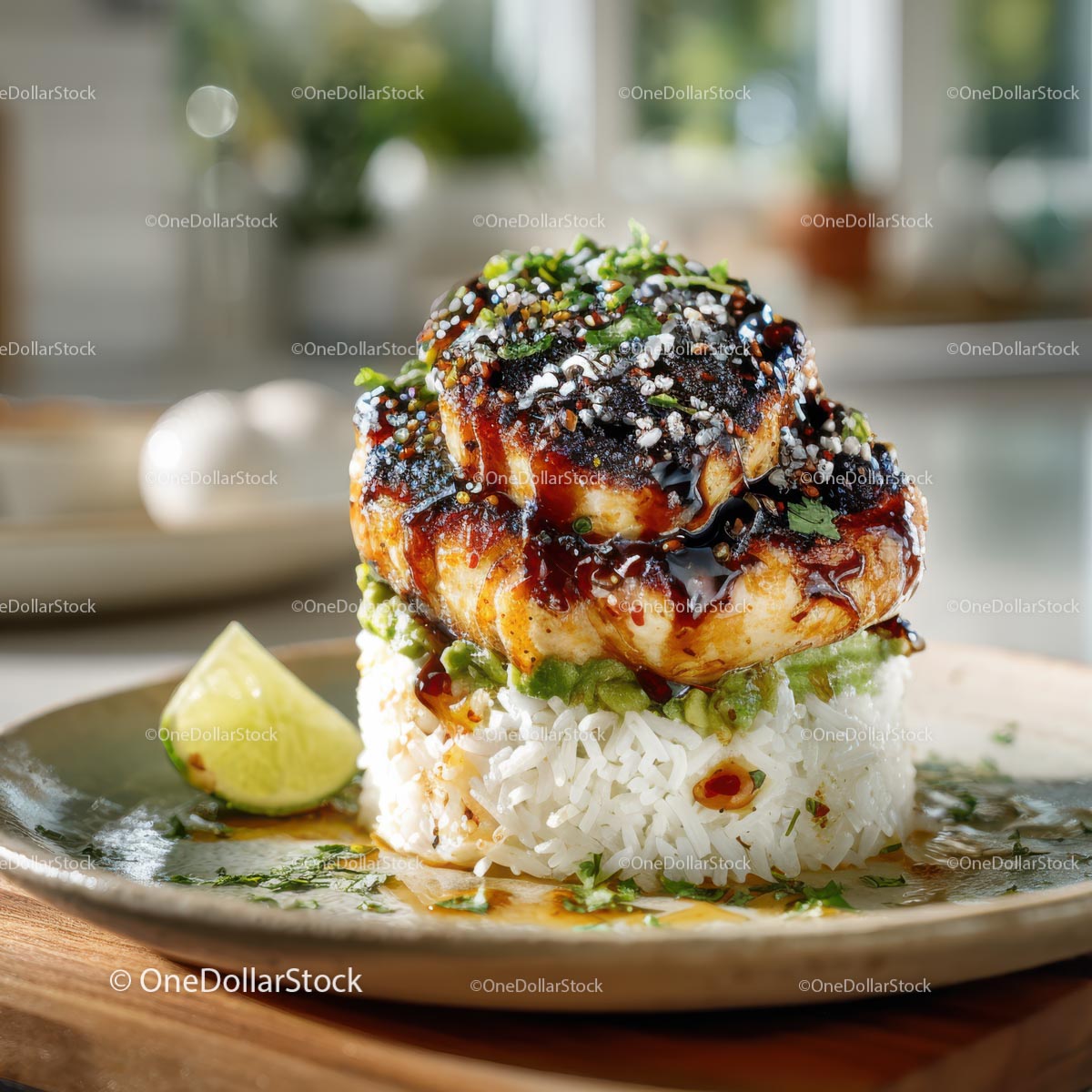Grilled Fish with Rice and Lime Garnish on a Gourmet Plate