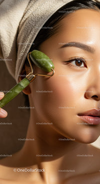 Woman Using Jade Roller for Facial Massage and Skin Rejuvenation