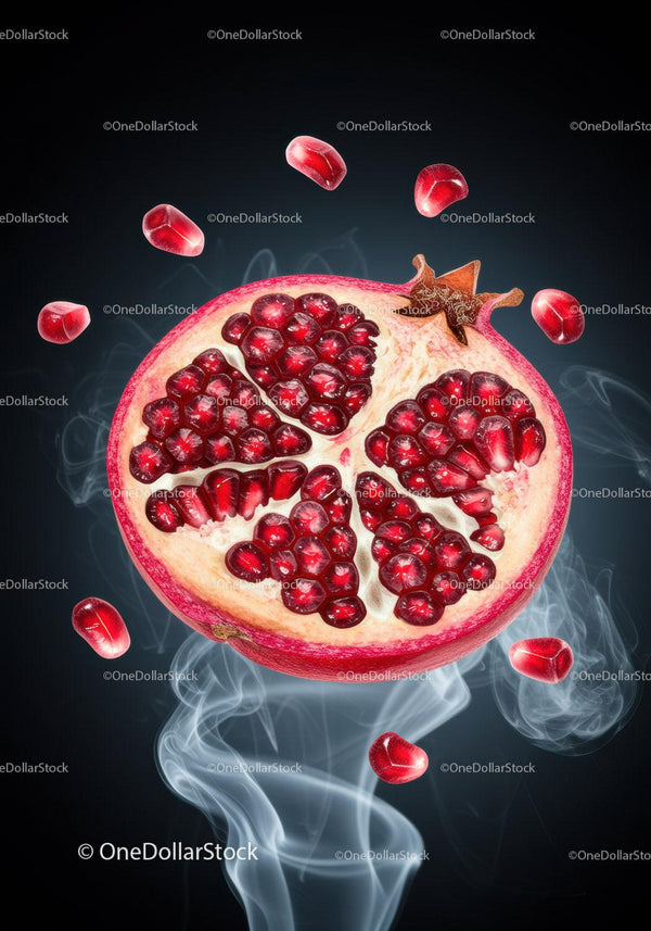 Fresh pomegranate half with seeds and smoke effect