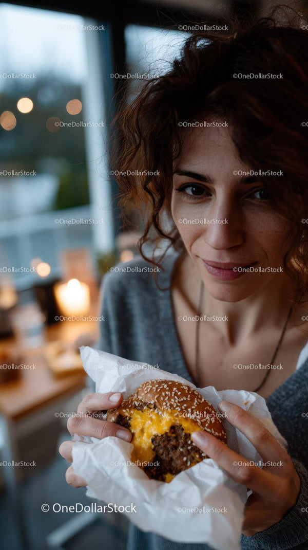 Joyful Woman Holding Cheeseburger with Cheese in Cozy Dining Environment