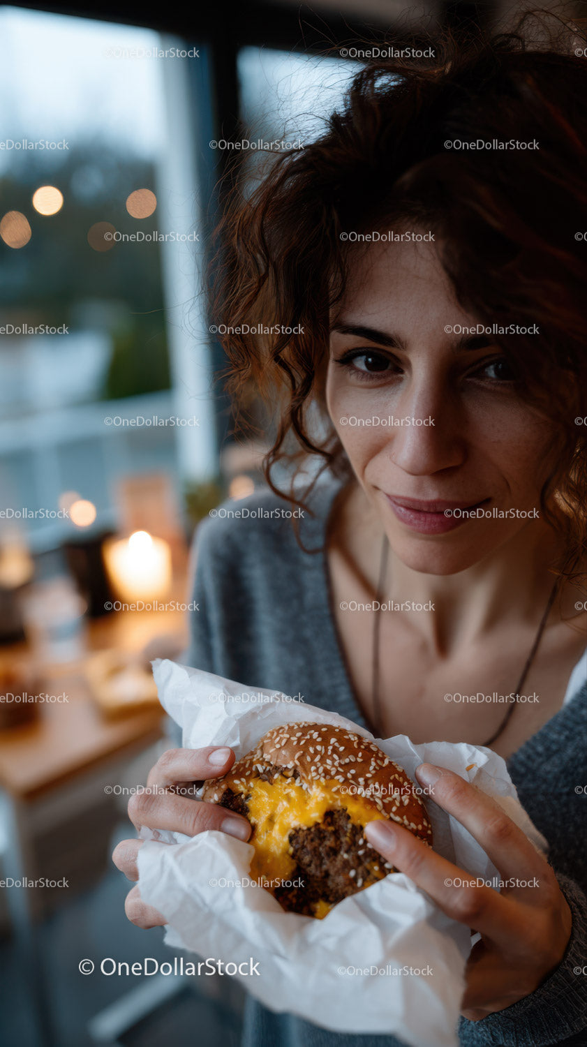 Joyful Woman Holding Cheeseburger with Cheese in Cozy Dining Environment