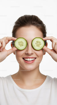 Happy Woman with Cucumber Slices Over Eyes for Relaxing Skincare