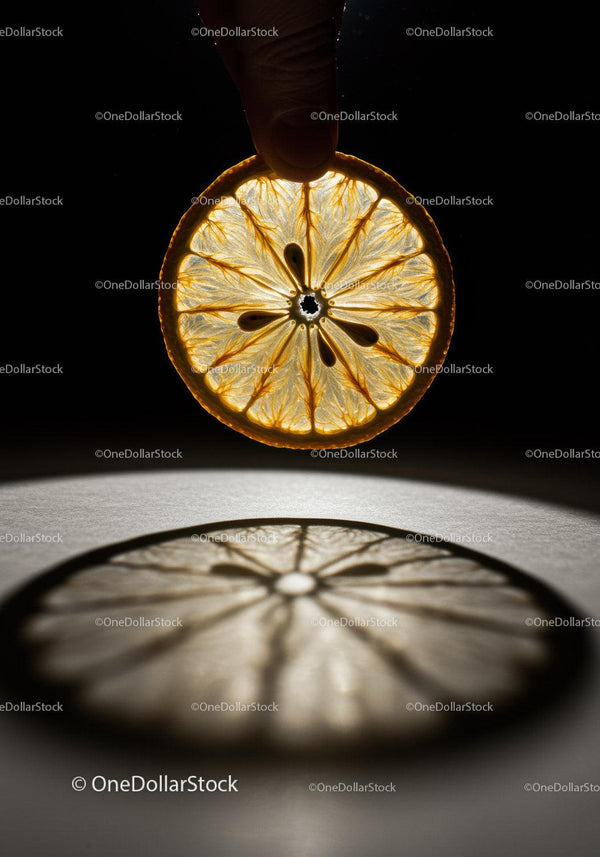 Close up of illuminated dried citrus slice held by fingers