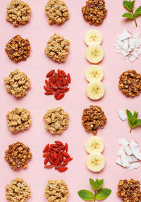 Healthy snack ingredients arranged on pastel background
