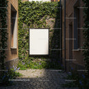 Blank signboard on ivy-covered old brick wall