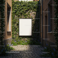 Blank signboard on ivy-covered old brick wall