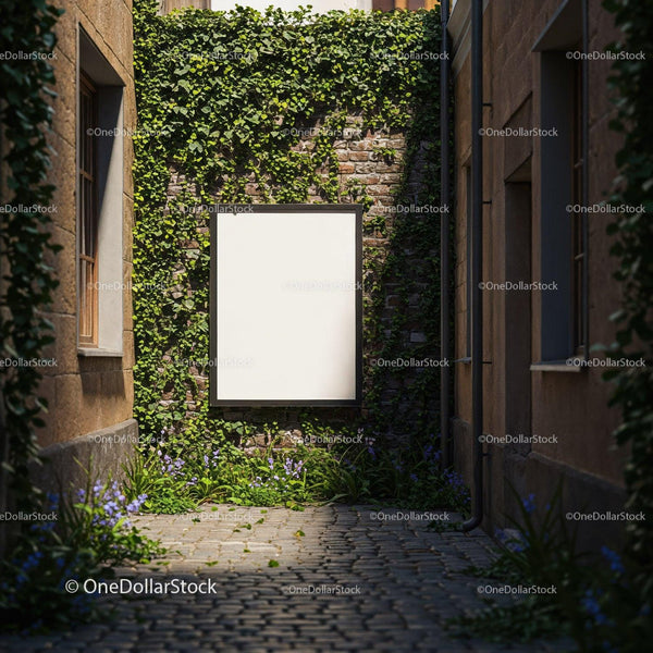 Blank signboard on ivy-covered old brick wall JPG Mockup Image