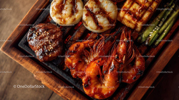 Assorted Grilled Seafood and Meat on Wooden Serving Tray