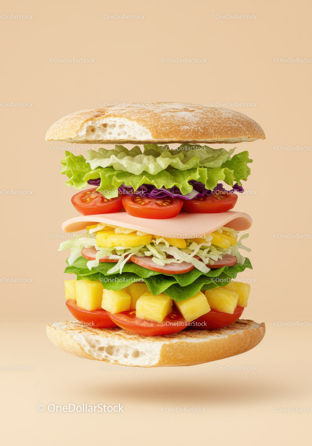 Fresh colorful sandwich stacked with vegetables and pineapple