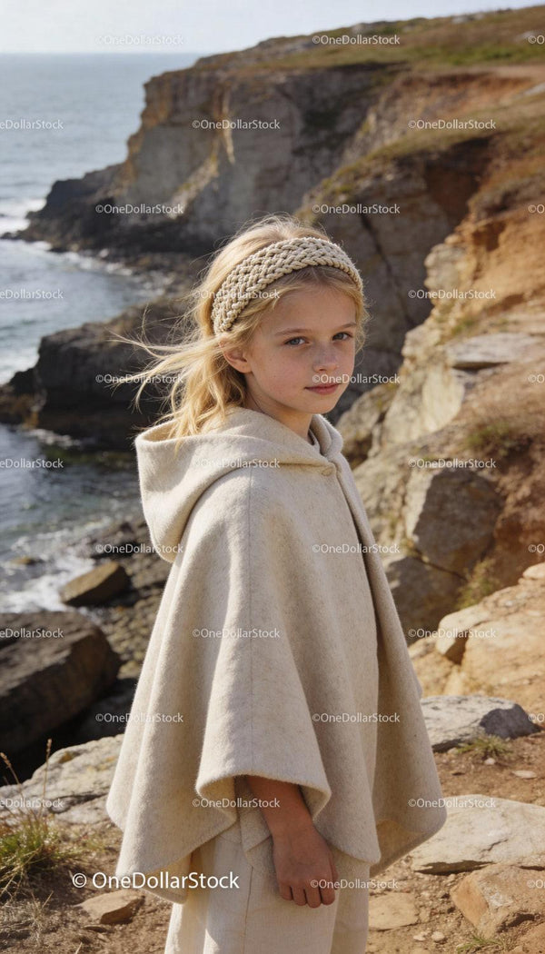 Young girl in cozy wool cape by seaside cliffs
