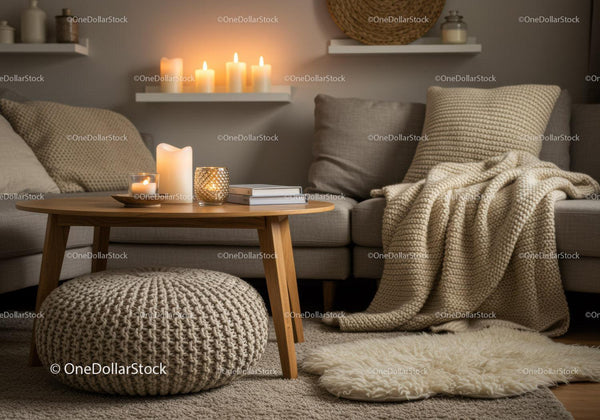Cozy living room corner with knitted pouf and candles