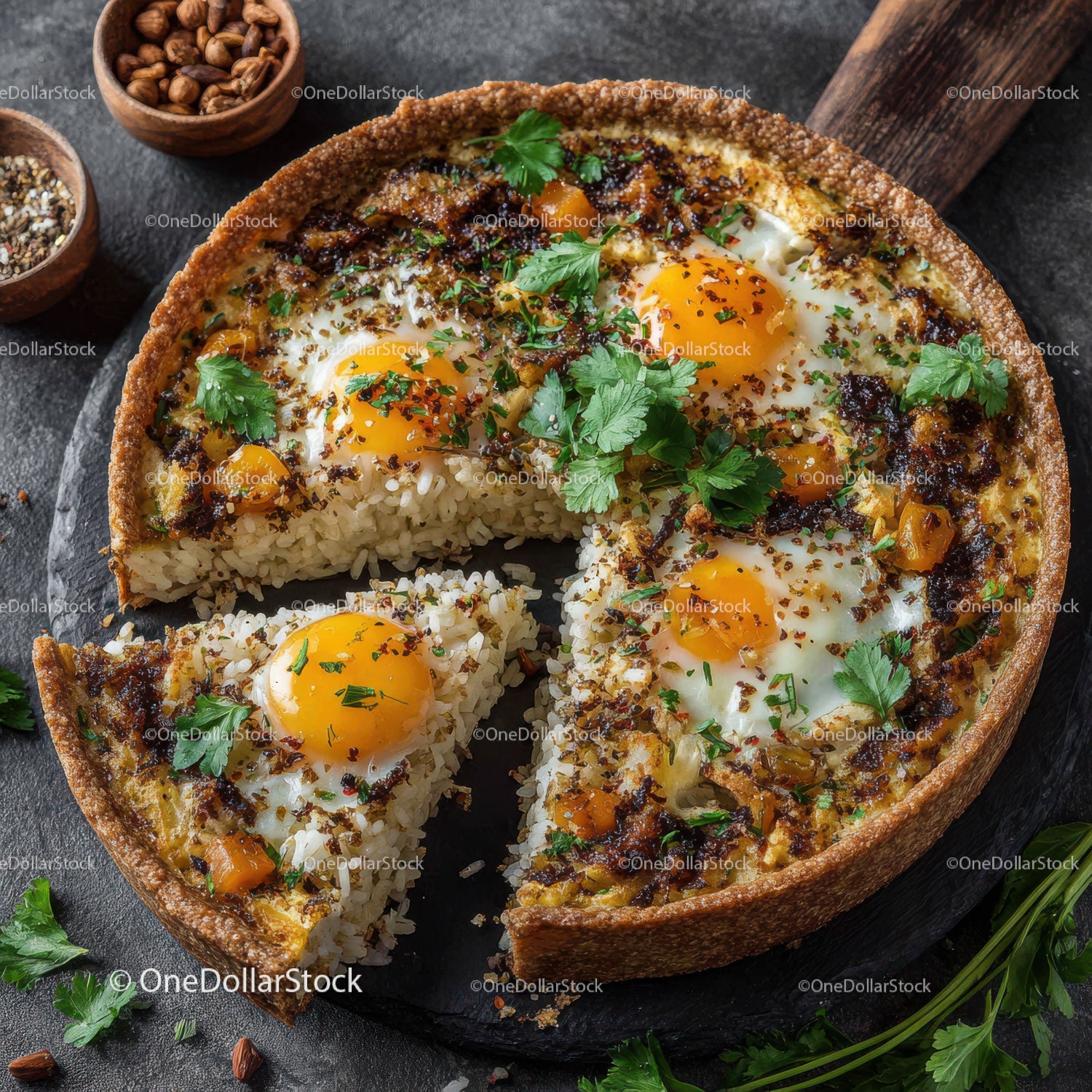 Seafood Shrimp Quiche with Fresh Herbs on Rustic Wooden Table