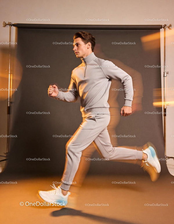Man jogging in stylish sportswear with motion blur effect