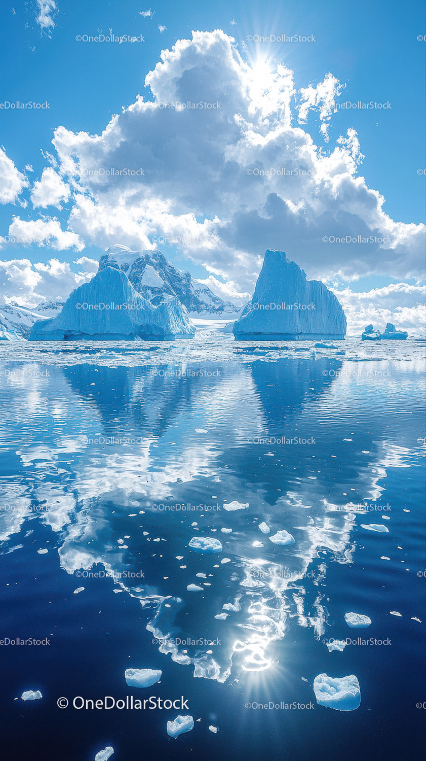 Majestic Icebergs in Calm Arctic Ocean Under Bright Blue Sky