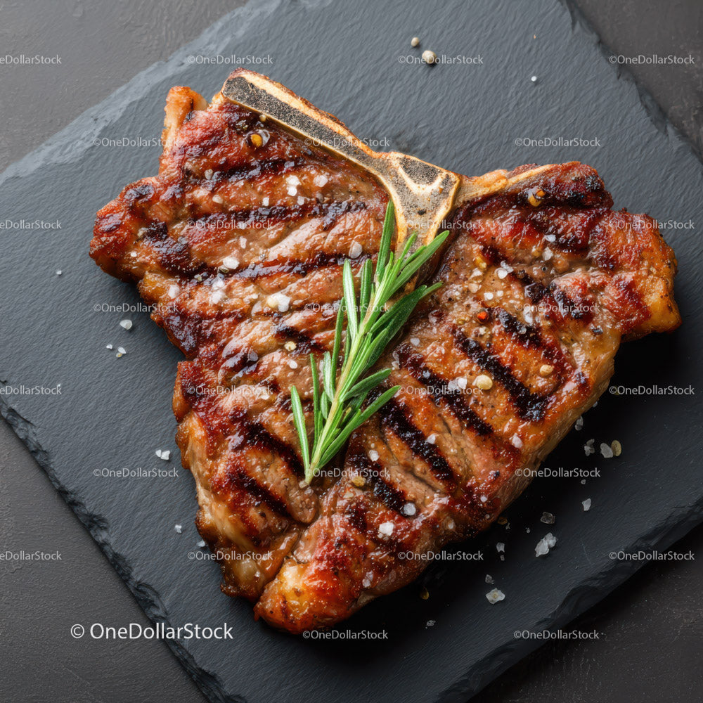 Juicy Grilled Pork Chop with Herb Garnish on Black Slate
