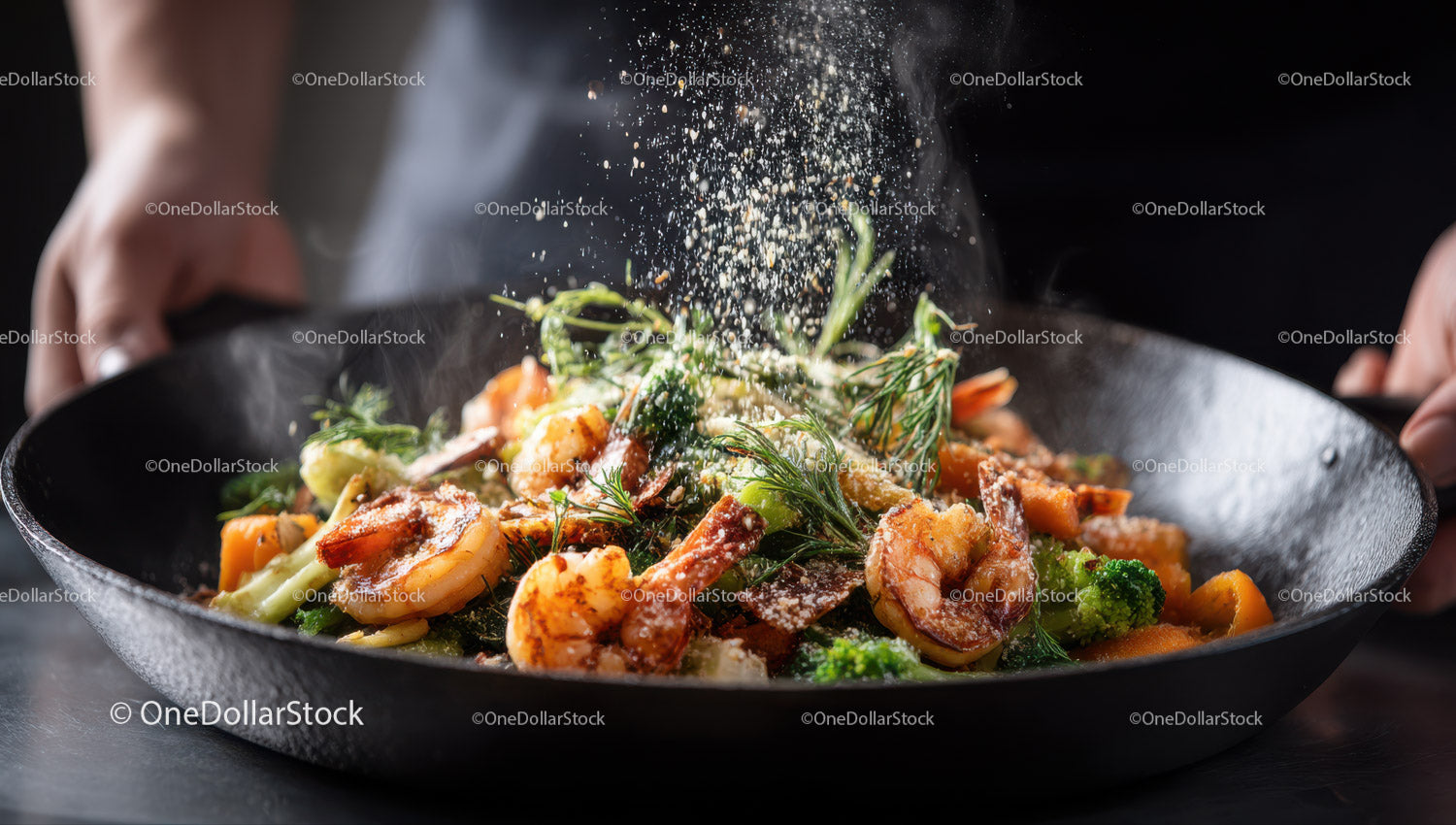 Seafood and Vegetable Stir-Fry in Wok with Fresh Ingredients
