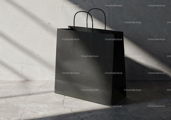 Minimalist Black Paper Shopping Bag with Handles JPG Mockup Image