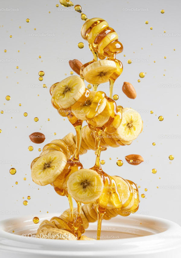 Banana slices and almonds drizzled with honey splash