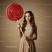 Young girl holding oversized red swirl lollipop