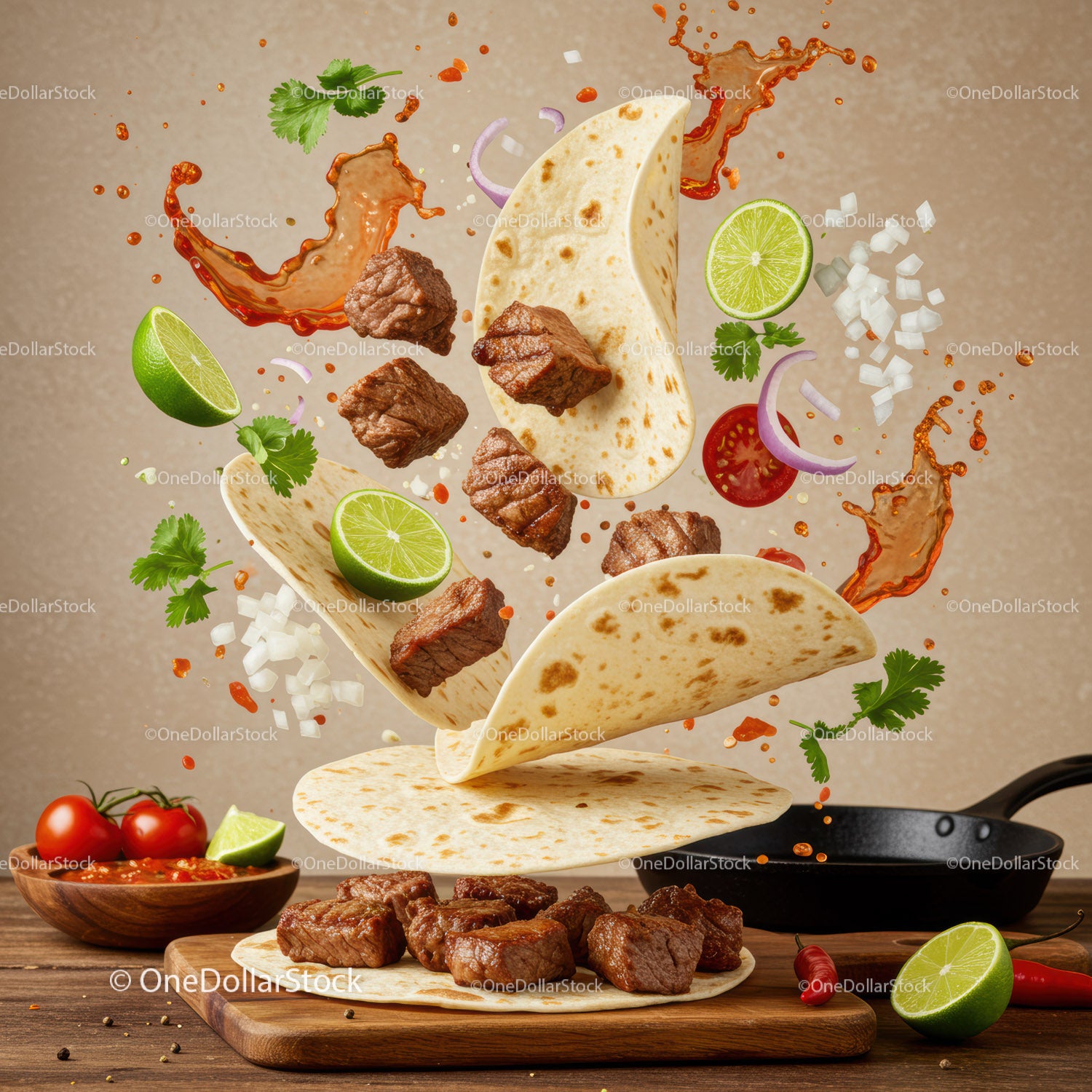 Świeże grillowane tacos ze stekiem i kolorowymi dodatkami latającymi