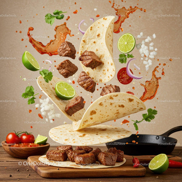 Fresh grilled steak tacos with vibrant toppings flying